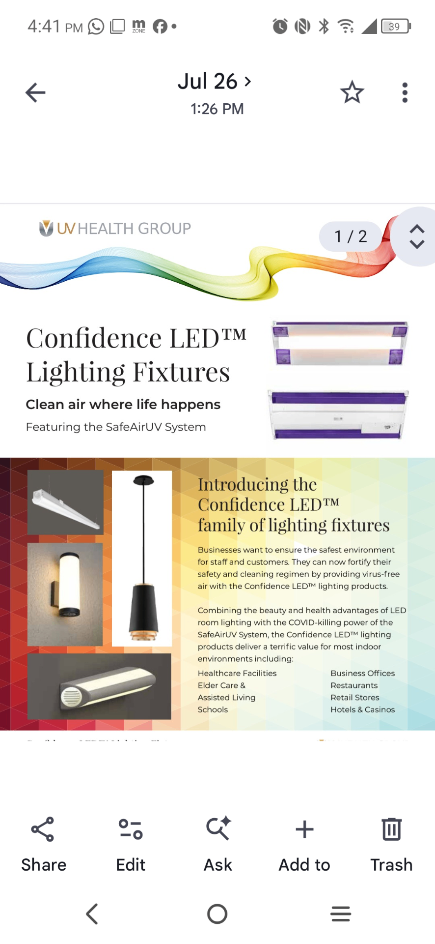 Confidence LED™ fixture family collage — 2×4 and 2×2 ceiling troffers, linear pendant, wall sconce, and over-bed UV-C air-cleaning units