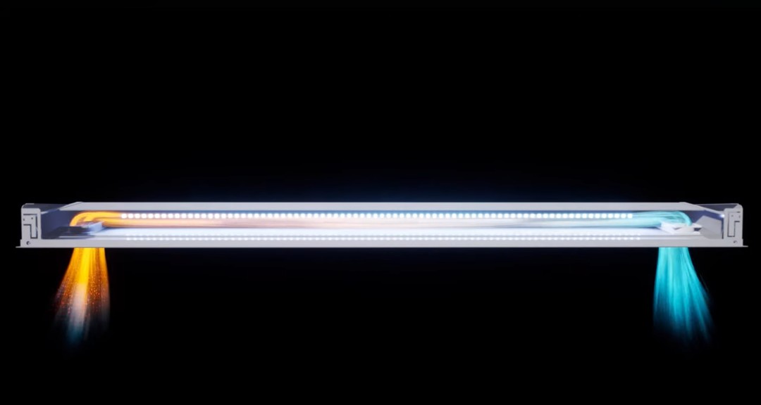 Confidence LED™ 2×4 ceiling troffer with integrated SafeAirUV™ 275 nm UV-C air purification chamber, mounted in a commercial drop ceiling
