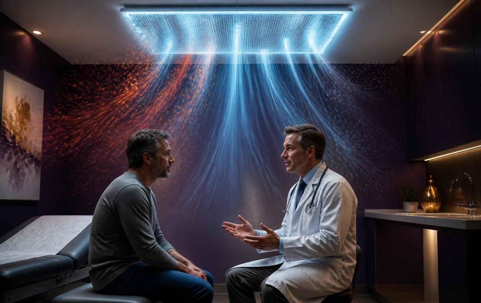 Medical exam room with visualized red contaminated air rising to a ceiling UV-C LED fixture and blue clean air returning