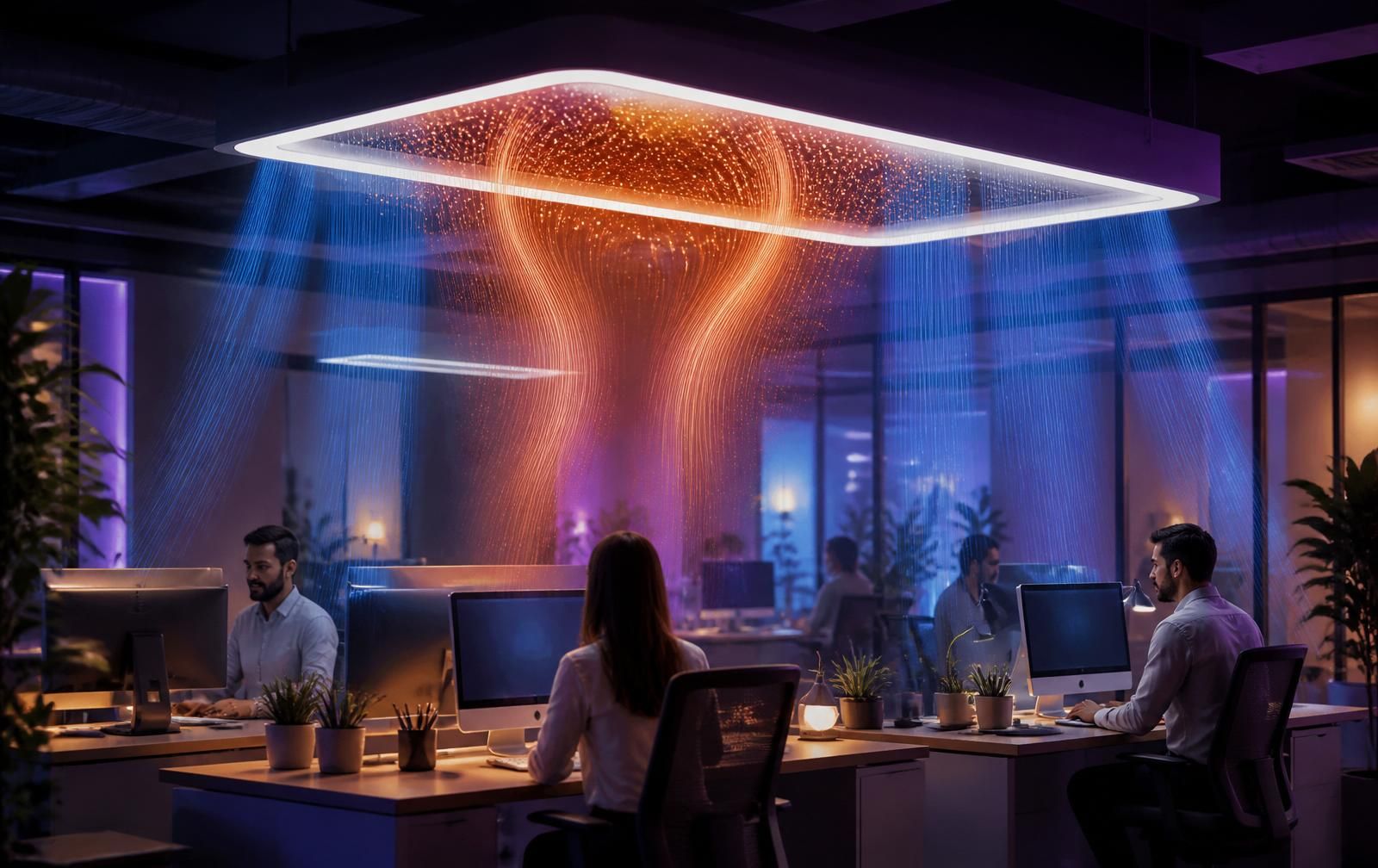 Modern office with warm contaminated air rising to an overhead LED fixture and cool clean air returning to desks